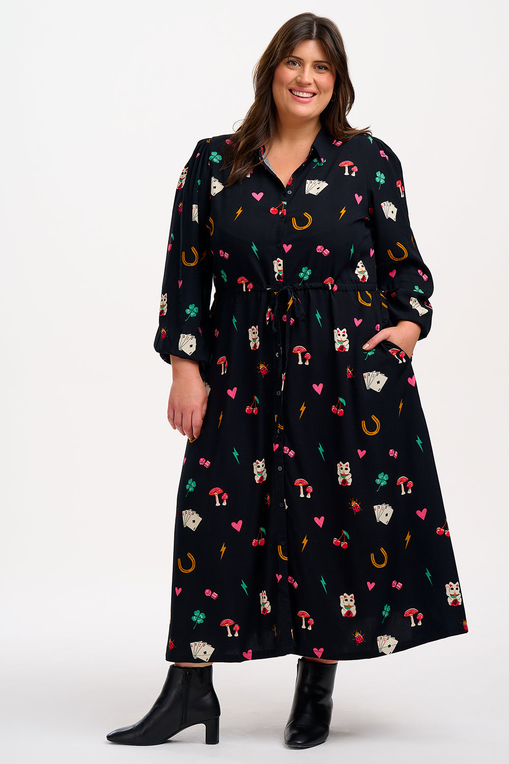 SUGARHILL Dottie Maxi Shirt Dress Black Lucky Charms