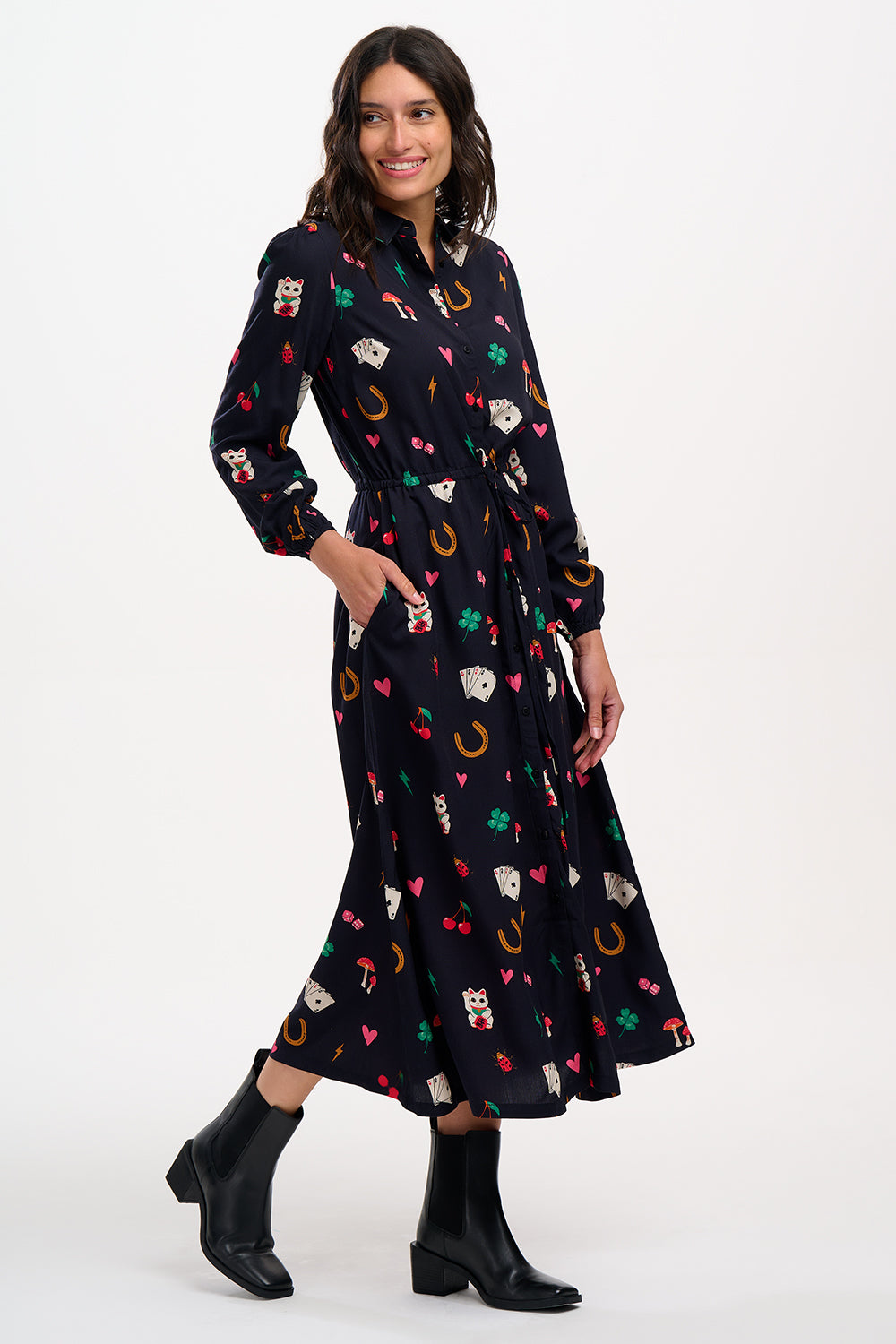 SUGARHILL Dottie Maxi Shirt Dress Black Lucky Charms