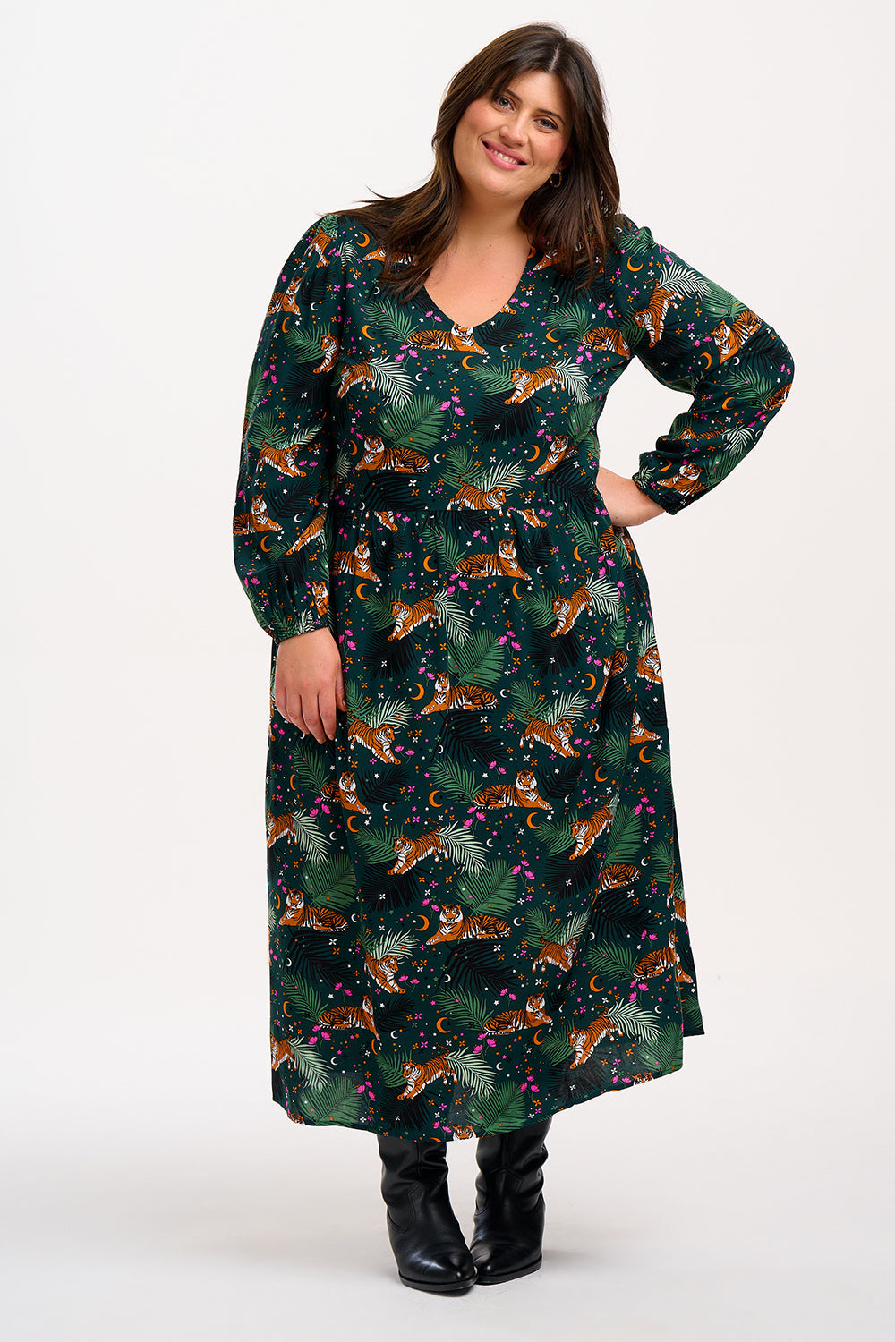 Vestido SUGARHILL Sidney Midi Dark Green, Tigers & Palms