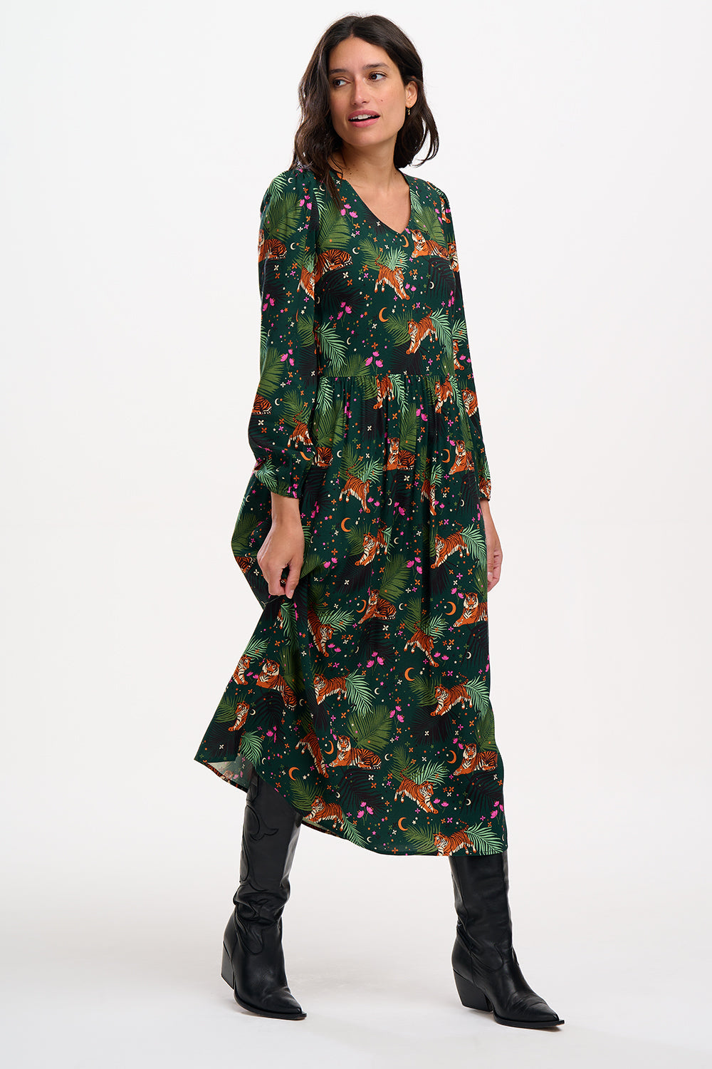 Vestido SUGARHILL Sidney Midi Dark Green, Tigers & Palms