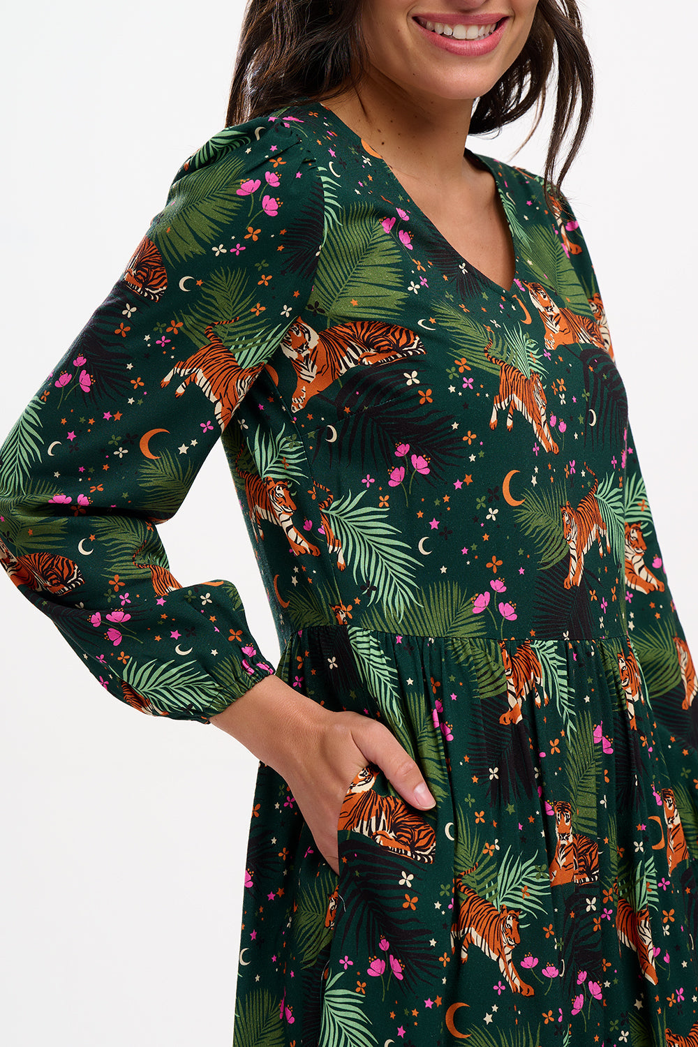 Vestido SUGARHILL Sidney Midi Dark Green, Tigers & Palms