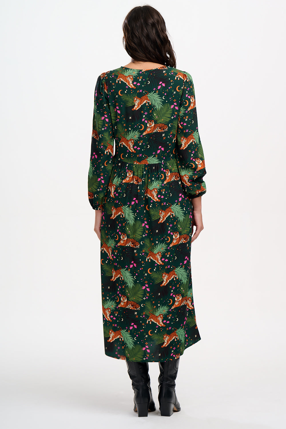 Vestido SUGARHILL Sidney Midi Dark Green, Tigers & Palms