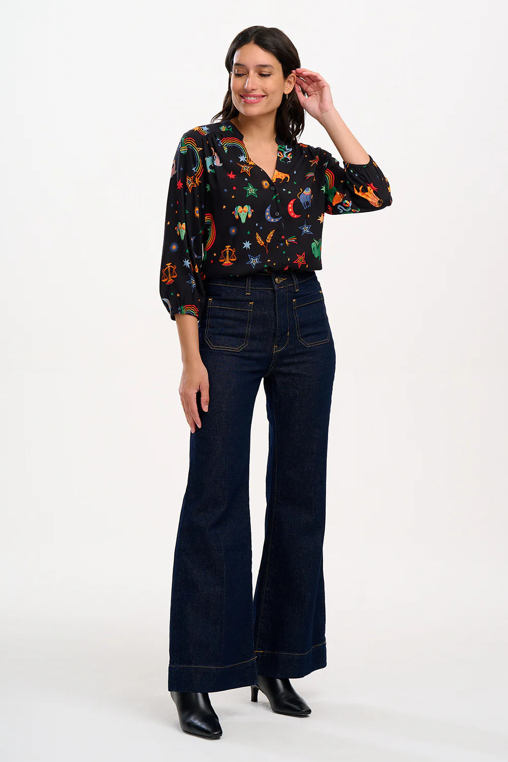 SUGARHILL Elkie Black Blouse, Zodiac Rainbow Skies