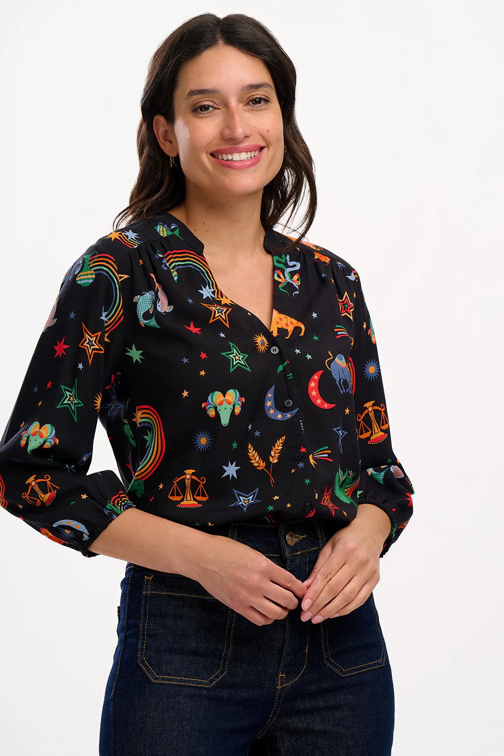 SUGARHILL Elkie Black Blouse, Zodiac Rainbow Skies