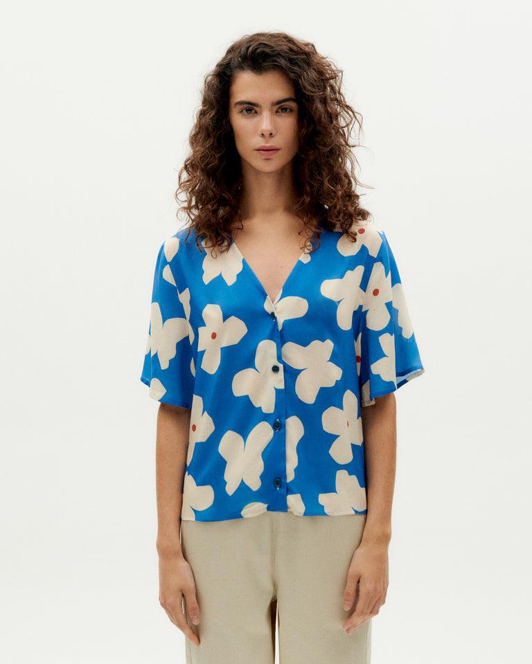 Blusa Thinking Mu Azul Flores Butterfly Libelula - ECRU