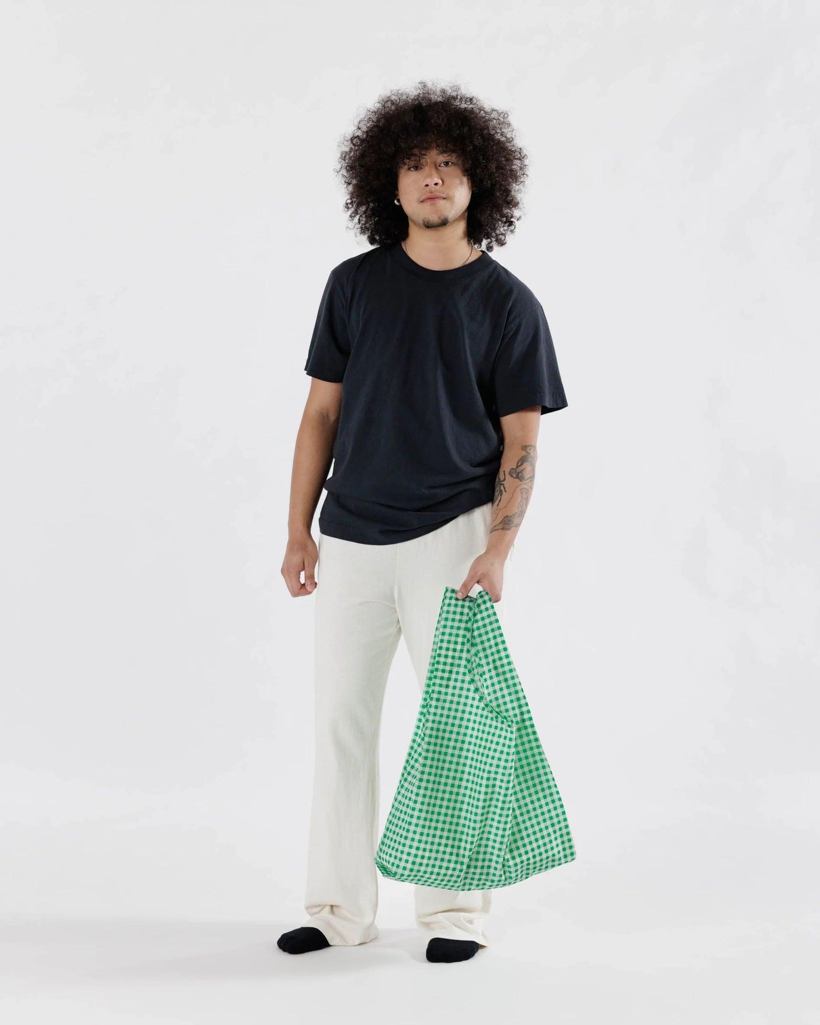 Bolsa Baggu Estándar Reciclada Green Gingham - ECRU