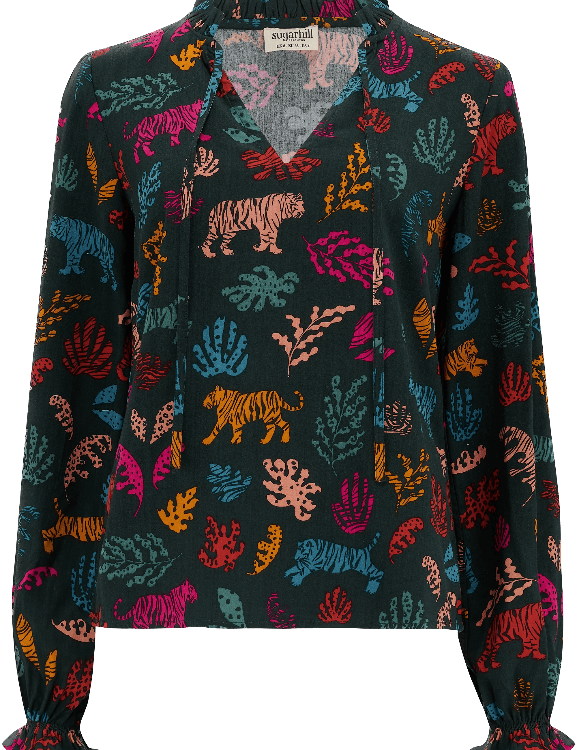 Camisa Sugarhill Candice Frill Dark Green Tiger Cutouts - ECRU