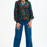 Camisa Sugarhill Candice Frill Dark Green Tiger Cutouts - ECRU