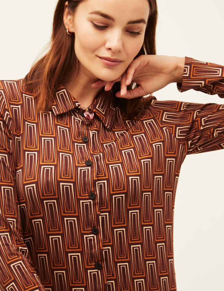 Camisa Xantik Brown Geometric Lines - ECRU