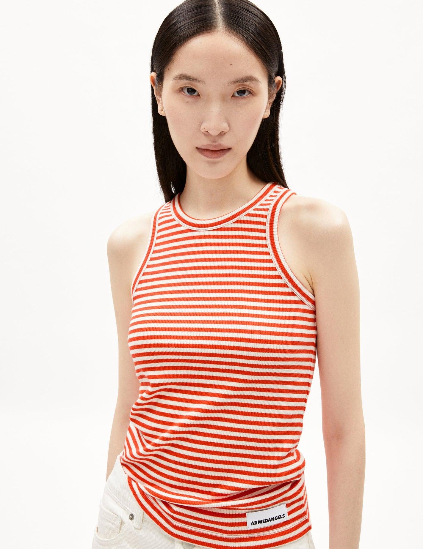 Camiseta ARMEDANGELS Kanitaa Stripes Poppy Red - ECRU