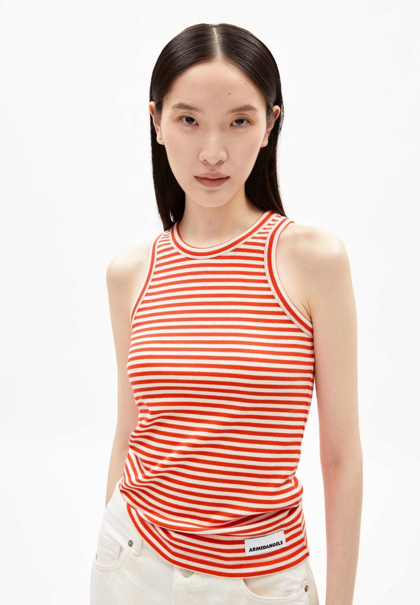 Camiseta ARMEDANGELS Kanitaa Stripes Poppy Red - ECRU