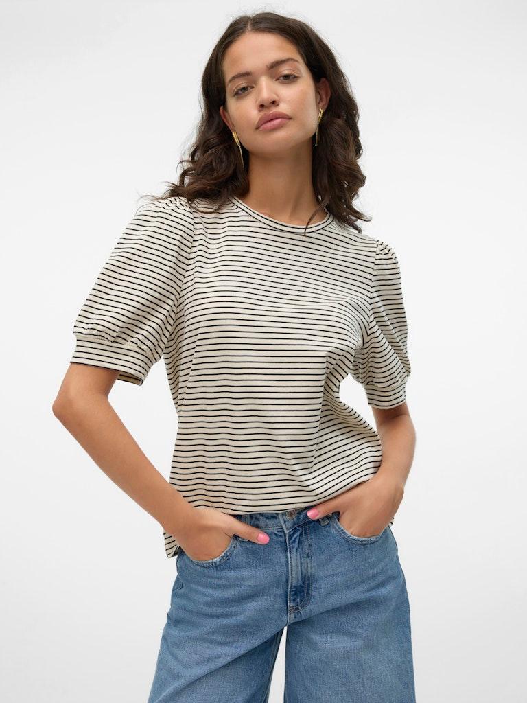 Camiseta de Mujer Vero Moda Manga Corta Abullonada Kerry Stripes Birch/Black - ECRU