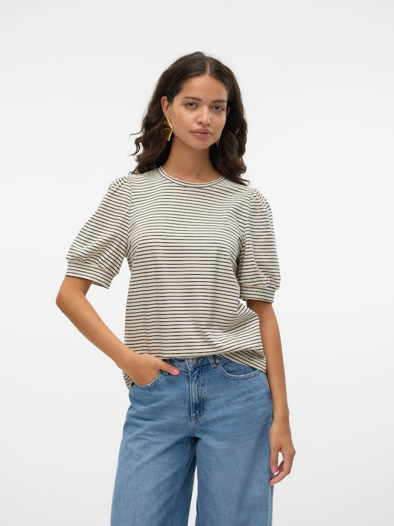 Camiseta de Mujer Vero Moda Manga Corta Abullonada Kerry Stripes Birch/Black - ECRU