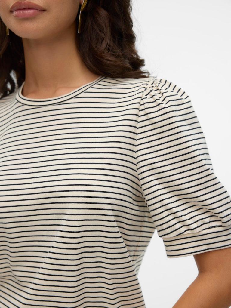 Camiseta de Mujer Vero Moda Manga Corta Abullonada Kerry Stripes Birch/Black - ECRU