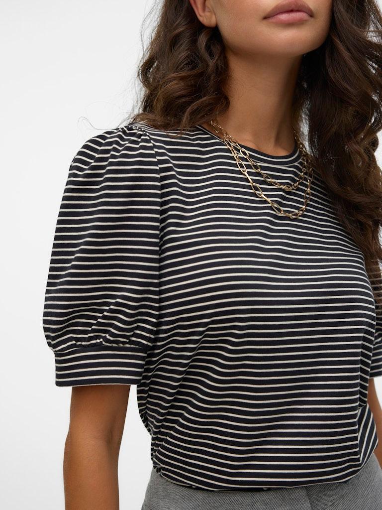 Camiseta de Mujer Vero Moda Manga Corta Abullonada Kerry Stripes Black Birch - ECRU