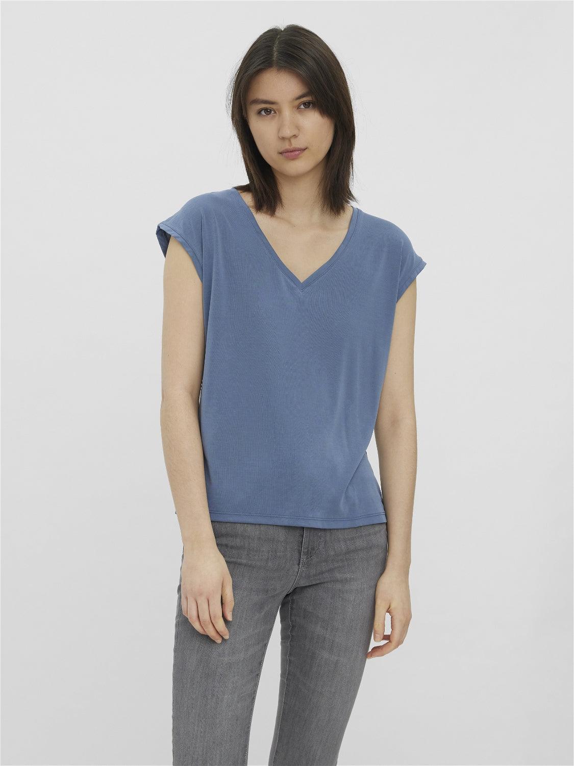 Camiseta Filli Básica de Mujer Vero Moda Cuello Pico China Blue - ECRU