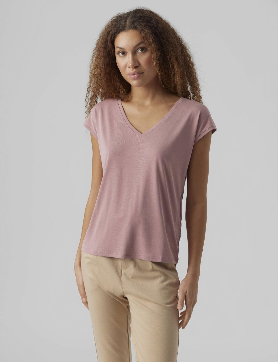 Camiseta Filli Básica de Mujer Vero Moda Cuello Pico Nostalgia Rose - ECRU