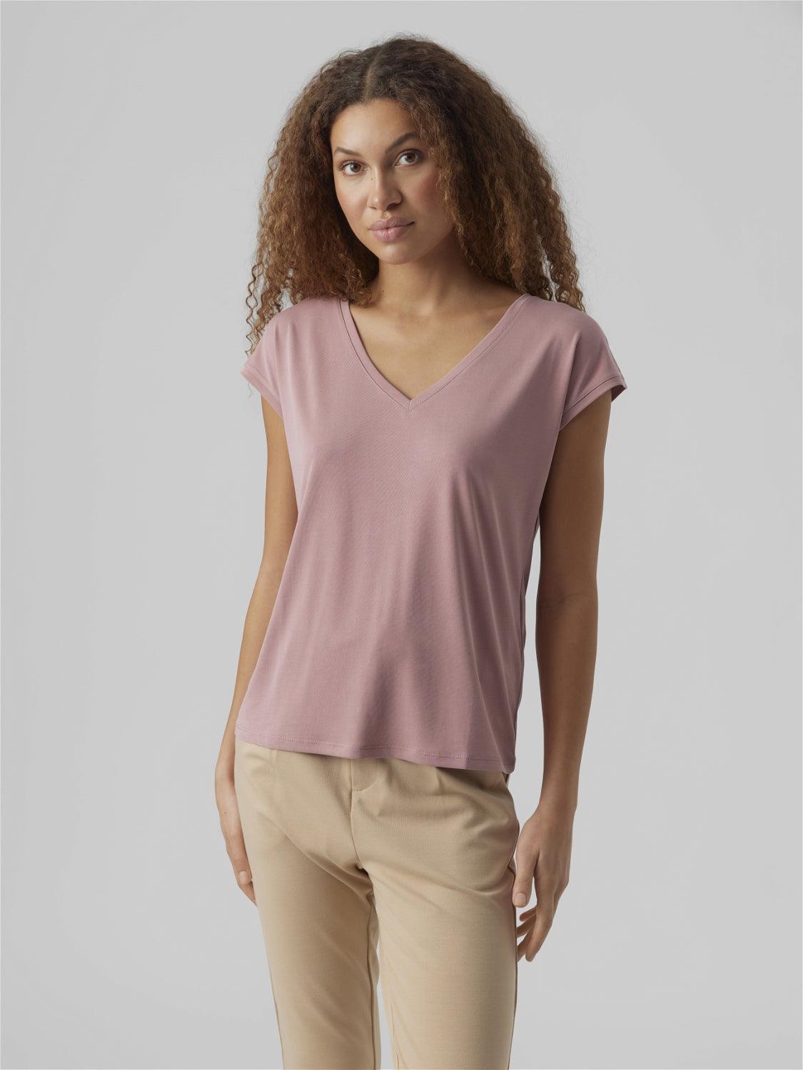 Camiseta Filli Básica de Mujer Vero Moda Cuello Pico Nostalgia Rose - ECRU