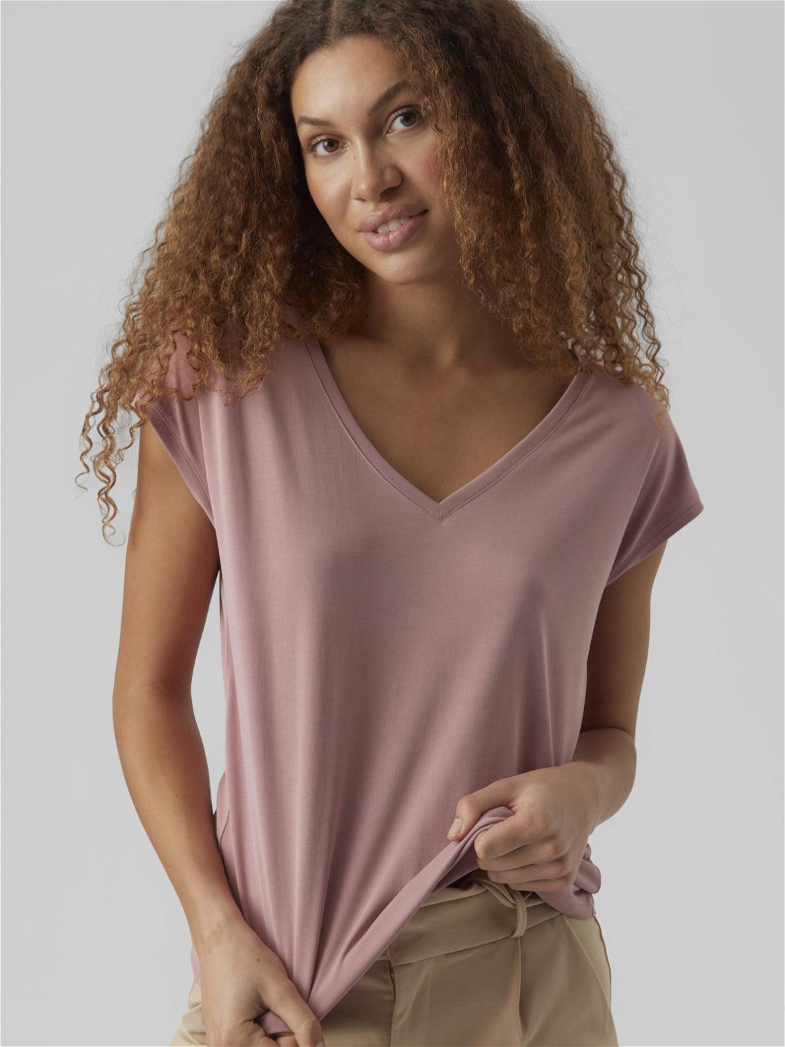 Camiseta Filli Básica de Mujer Vero Moda Cuello Pico Nostalgia Rose - ECRU