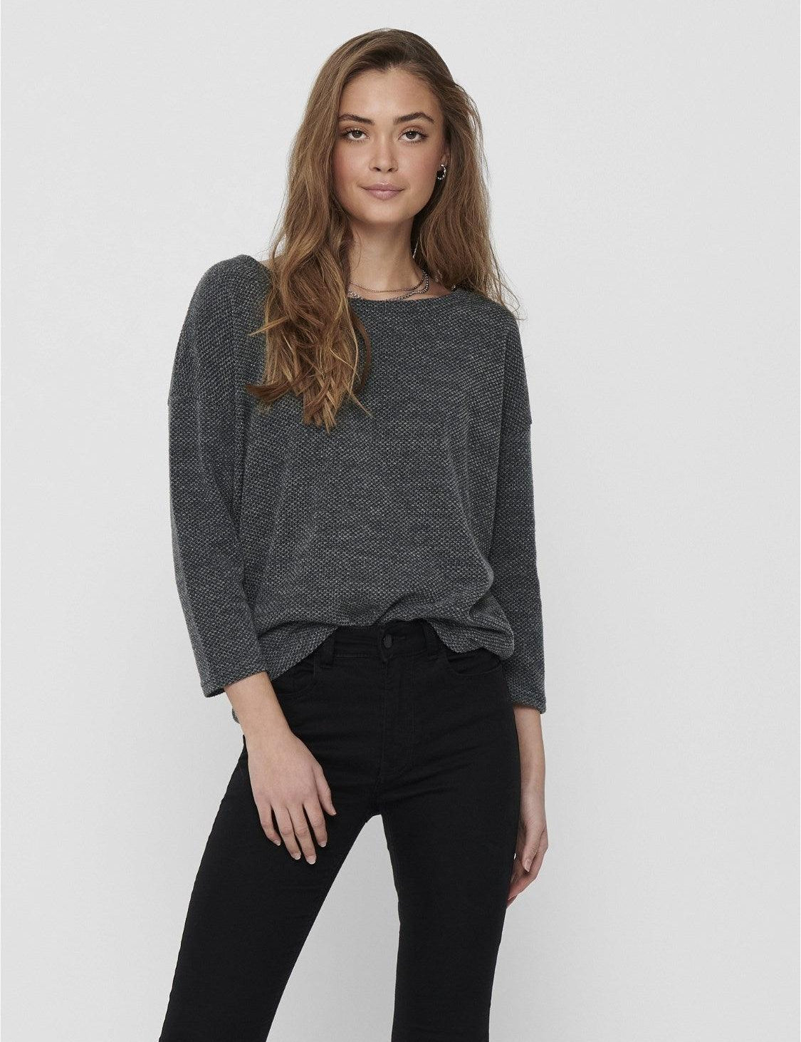 Camiseta ONLY Alba Oversize 3/4 Dark Grey Melange - ECRU