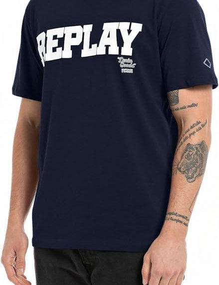 Camiseta Replay con Cuello Redondo y Estampado Azul - ECRU