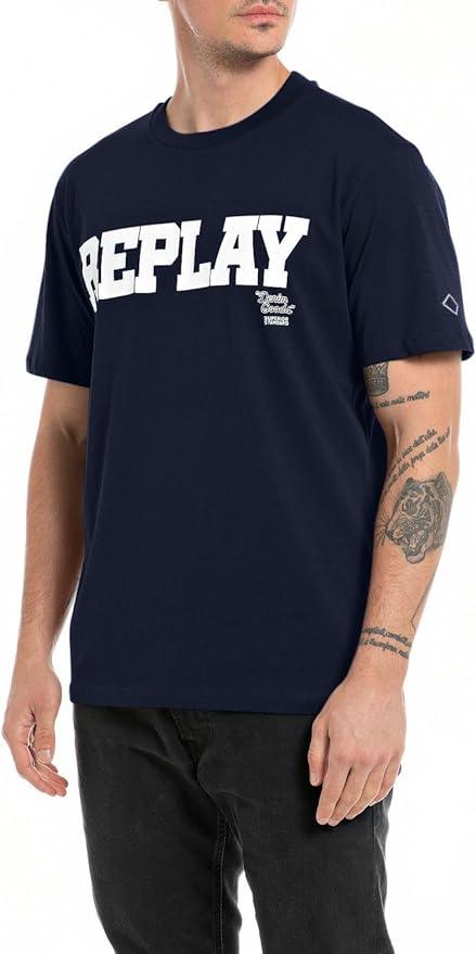 Camiseta Replay con Cuello Redondo y Estampado Azul - ECRU