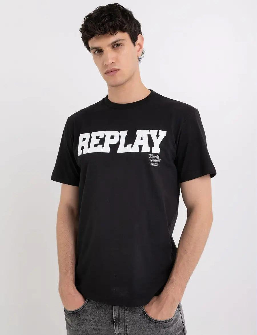 Camiseta Replay con Cuello Redondo y Estampado Negra - ECRU