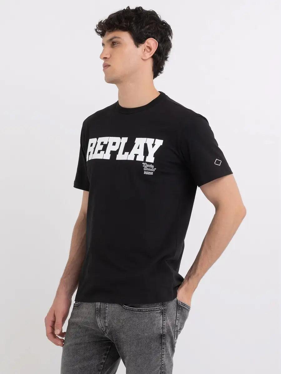 Camiseta Replay con Cuello Redondo y Estampado Negra - ECRU