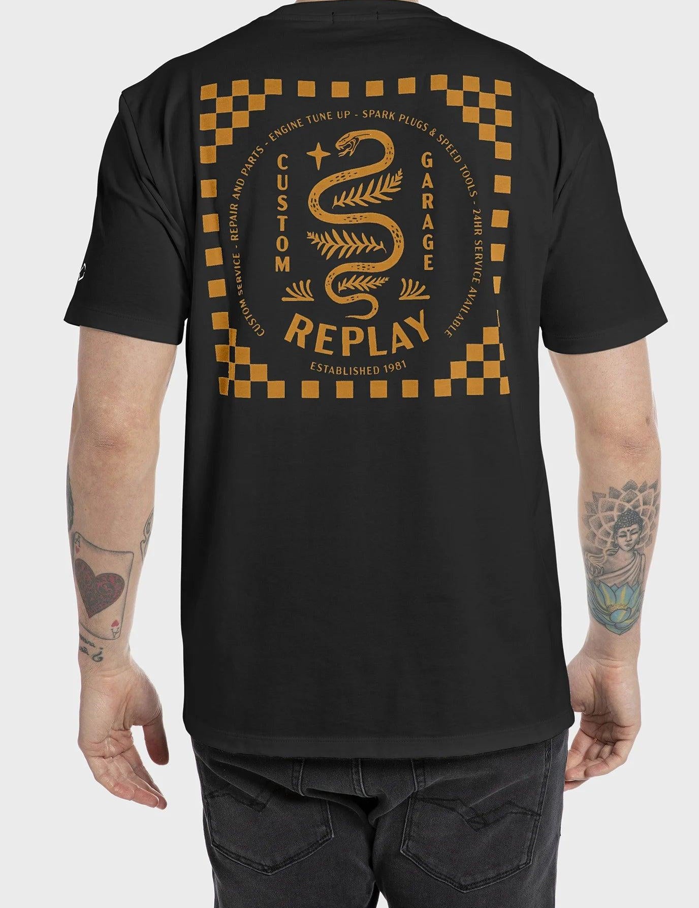 Camiseta Replay con Estampado Custom Garage y Serpiente - ECRU