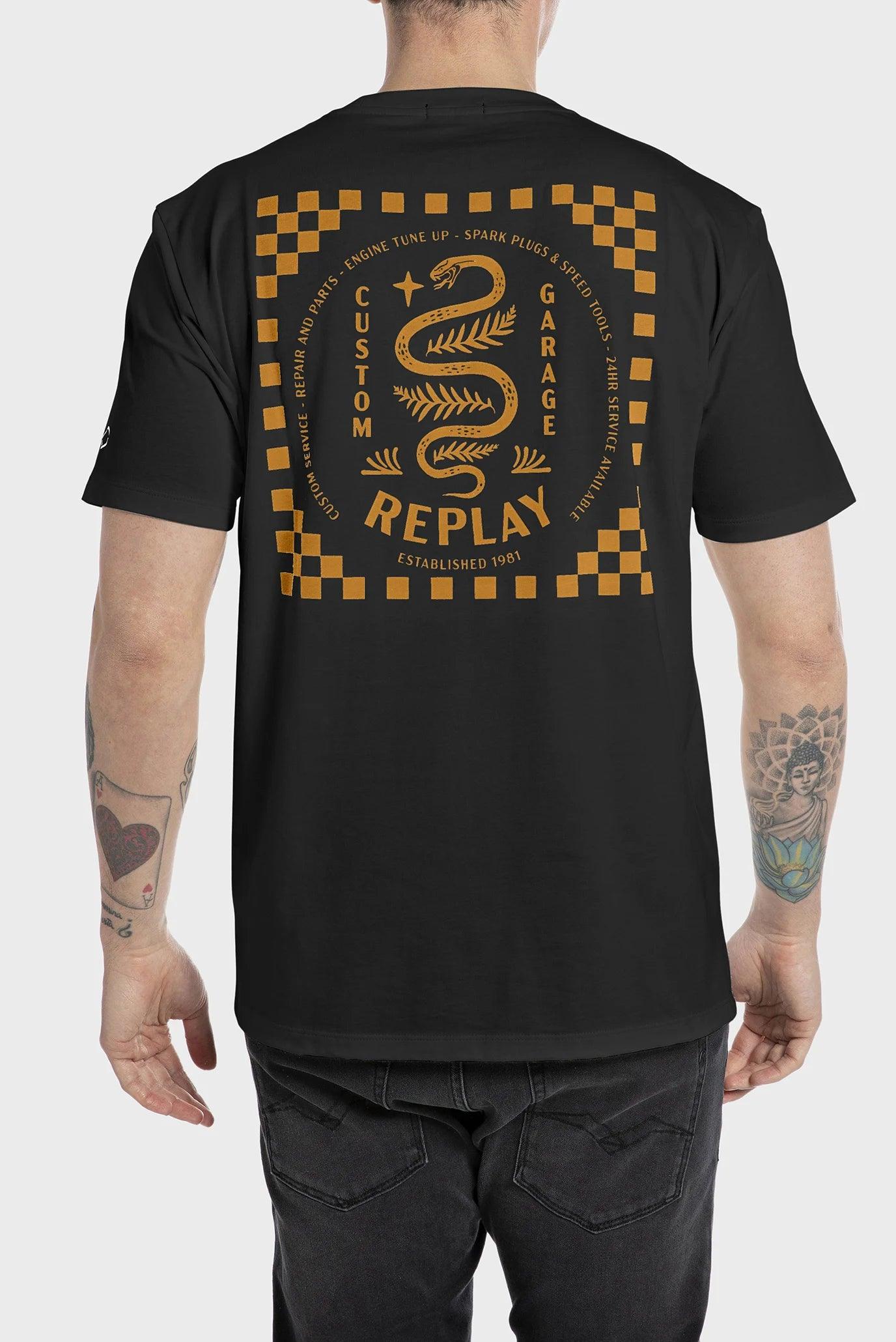 Camiseta Replay con Estampado Custom Garage y Serpiente - ECRU