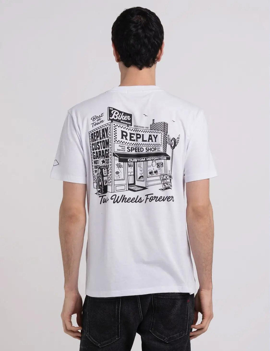 Camiseta Replay de Punto con Estampado Motero - ECRU