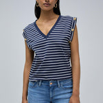 Camiseta Salsa Jeans Rayas con Botones Dorados Navy - ECRU