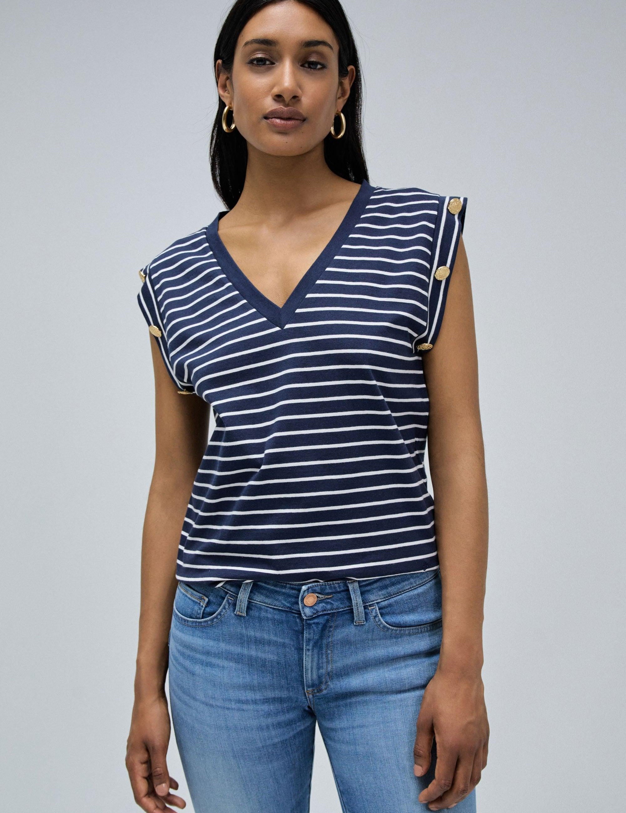 Camiseta Salsa Jeans Rayas con Botones Dorados Navy - ECRU