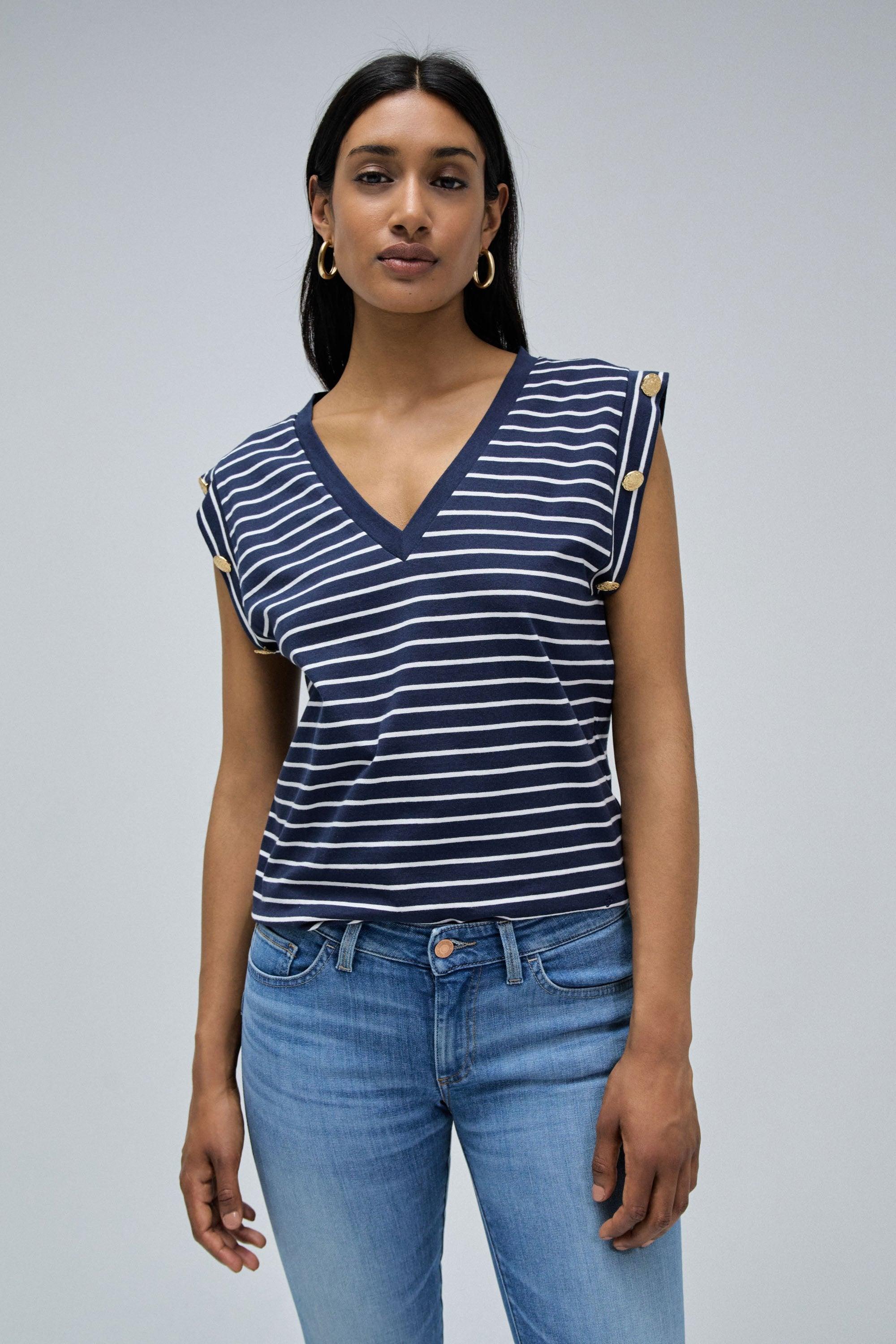 Camiseta Salsa Jeans Rayas con Botones Dorados Navy - ECRU