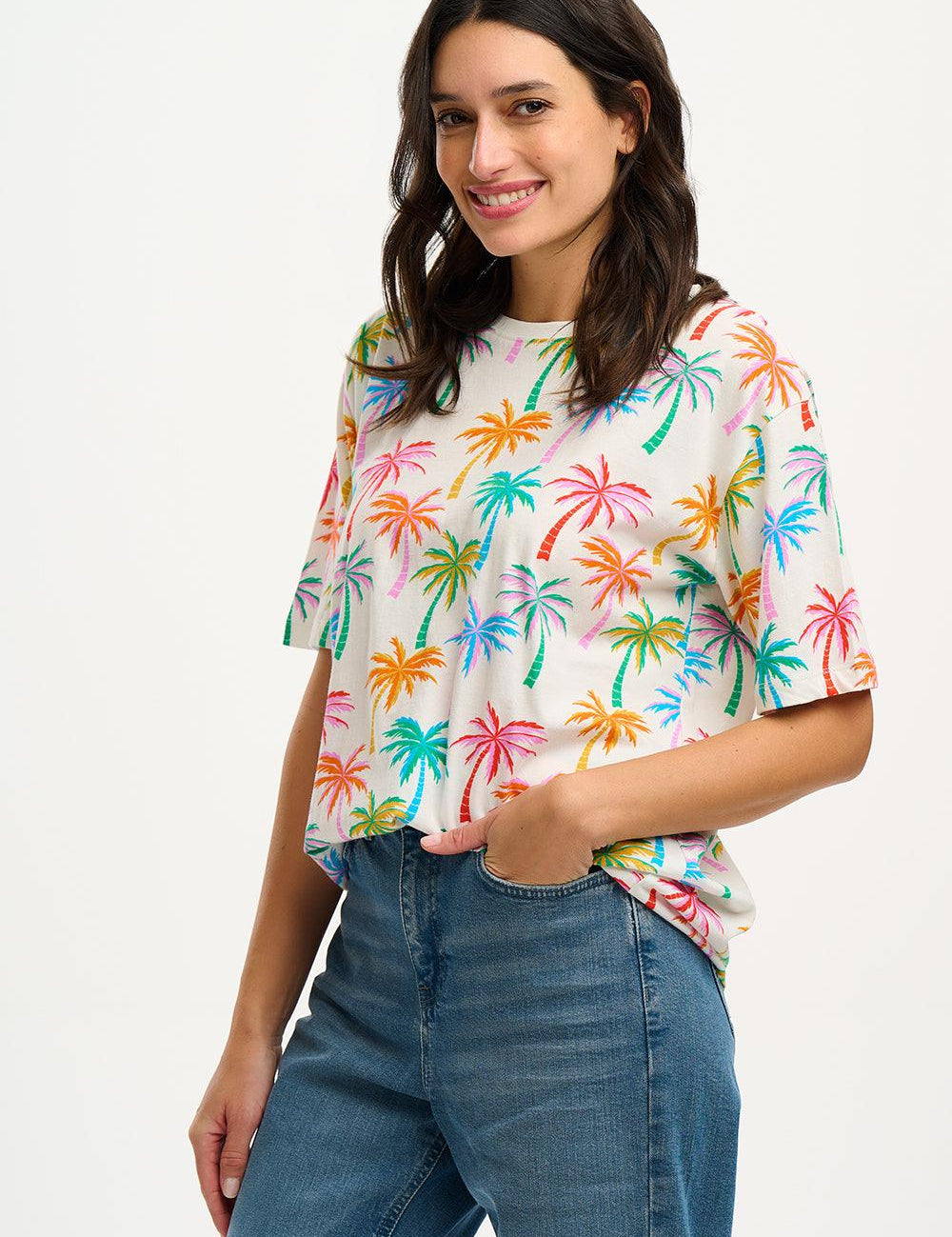 Camiseta Sugarhill Kinsley Relaxed Multi Rainbow Palms - ECRU