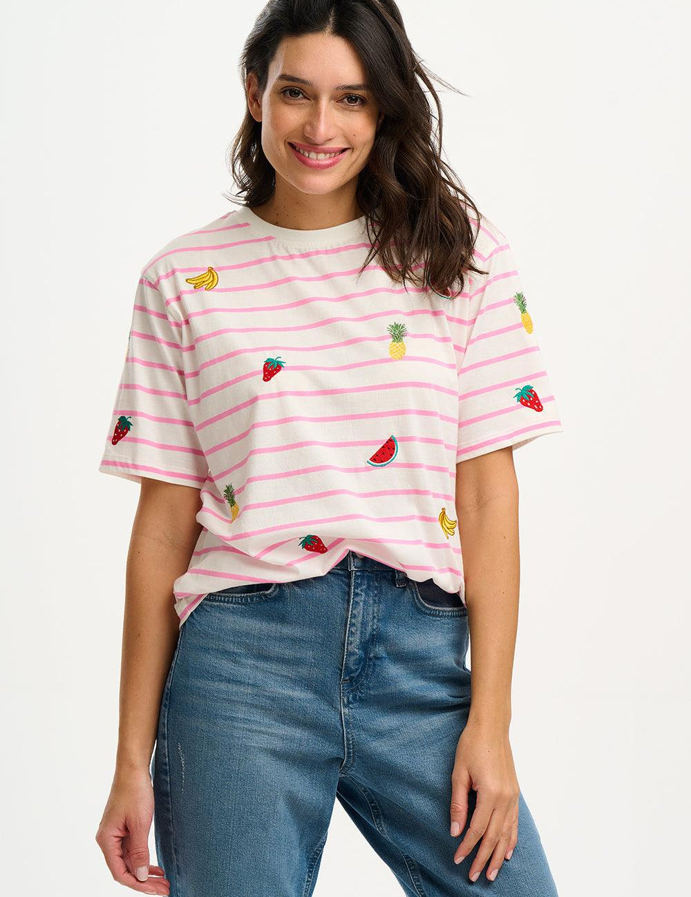 Camiseta Sugarhill Kinsley Relaxed Off-White Pink Fruit Embroidery - ECRU