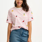 Camiseta Sugarhill Kinsley Relaxed Off-White Pink Fruit Embroidery - ECRU