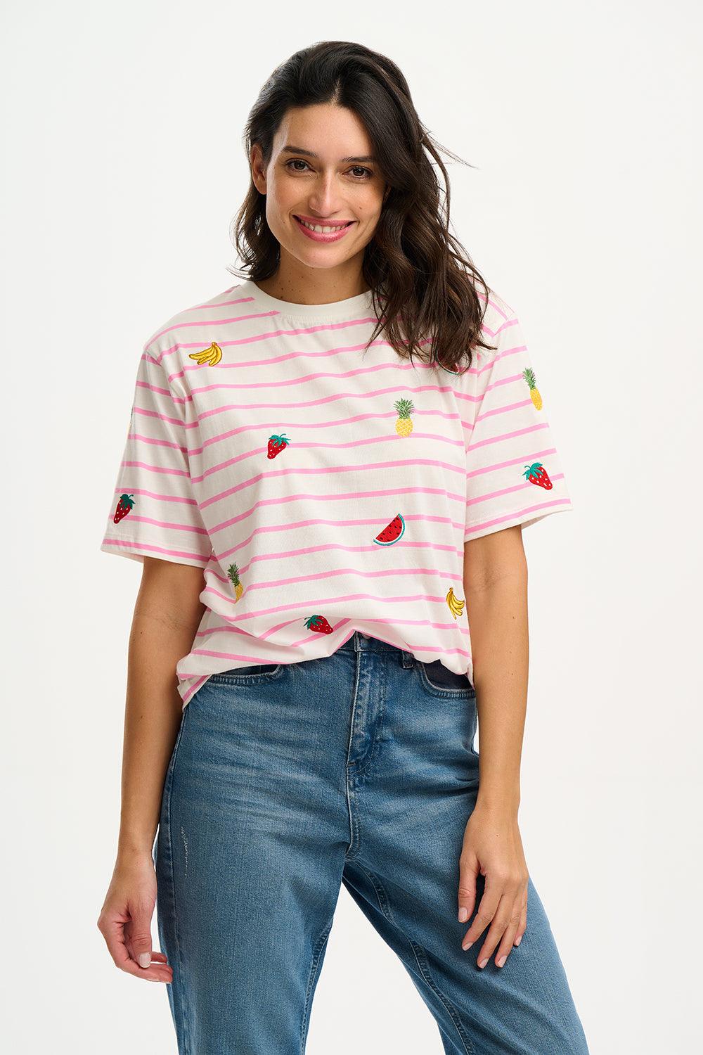 Camiseta Sugarhill Kinsley Relaxed Off-White Pink Fruit Embroidery - ECRU