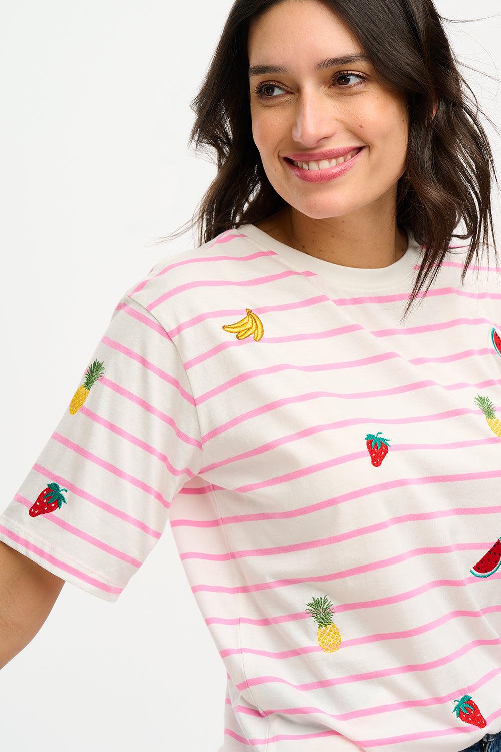 Camiseta Sugarhill Kinsley Relaxed Off-White Pink Fruit Embroidery - ECRU