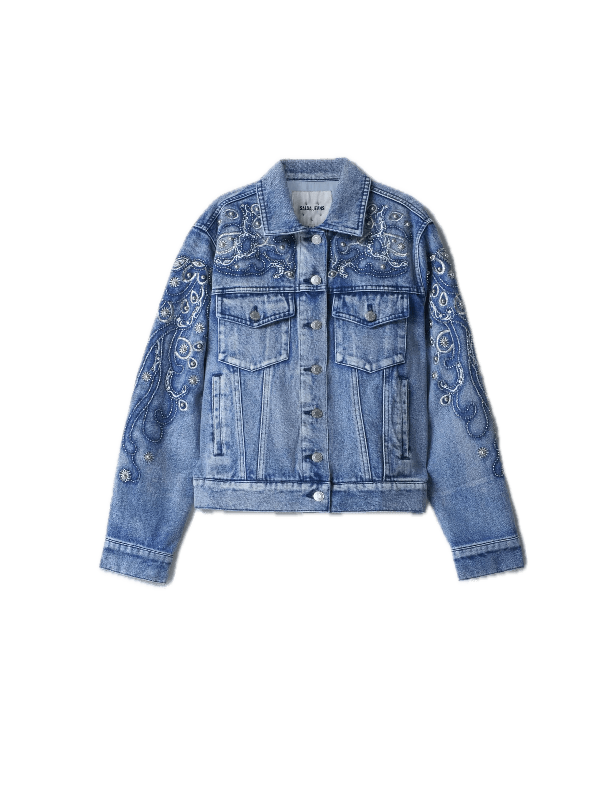 Chaqueta Salsa Jeans Vaquera con Detalles Bordados y Perlas - ECRU