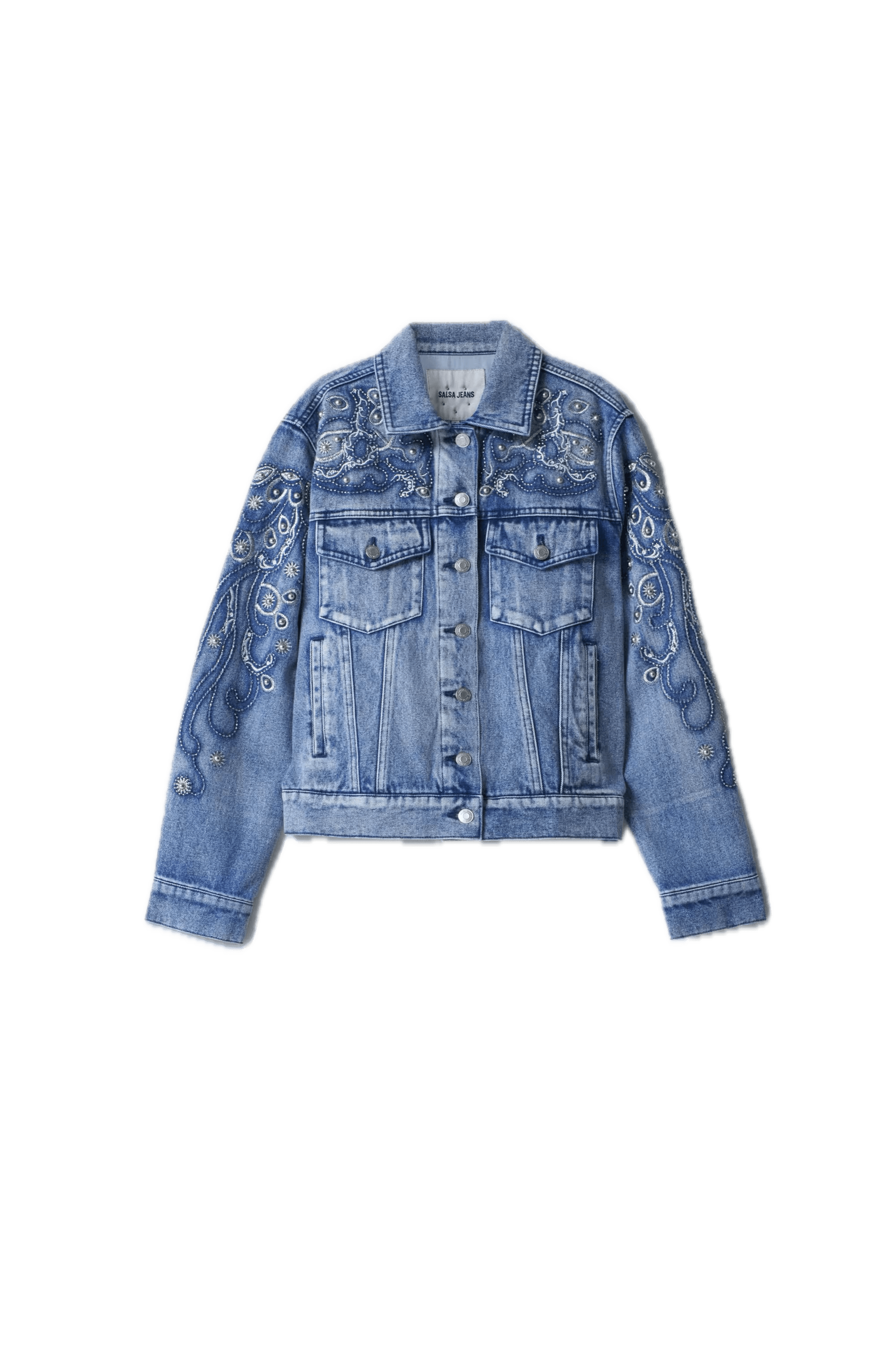 Chaqueta Salsa Jeans Vaquera con Detalles Bordados y Perlas - ECRU