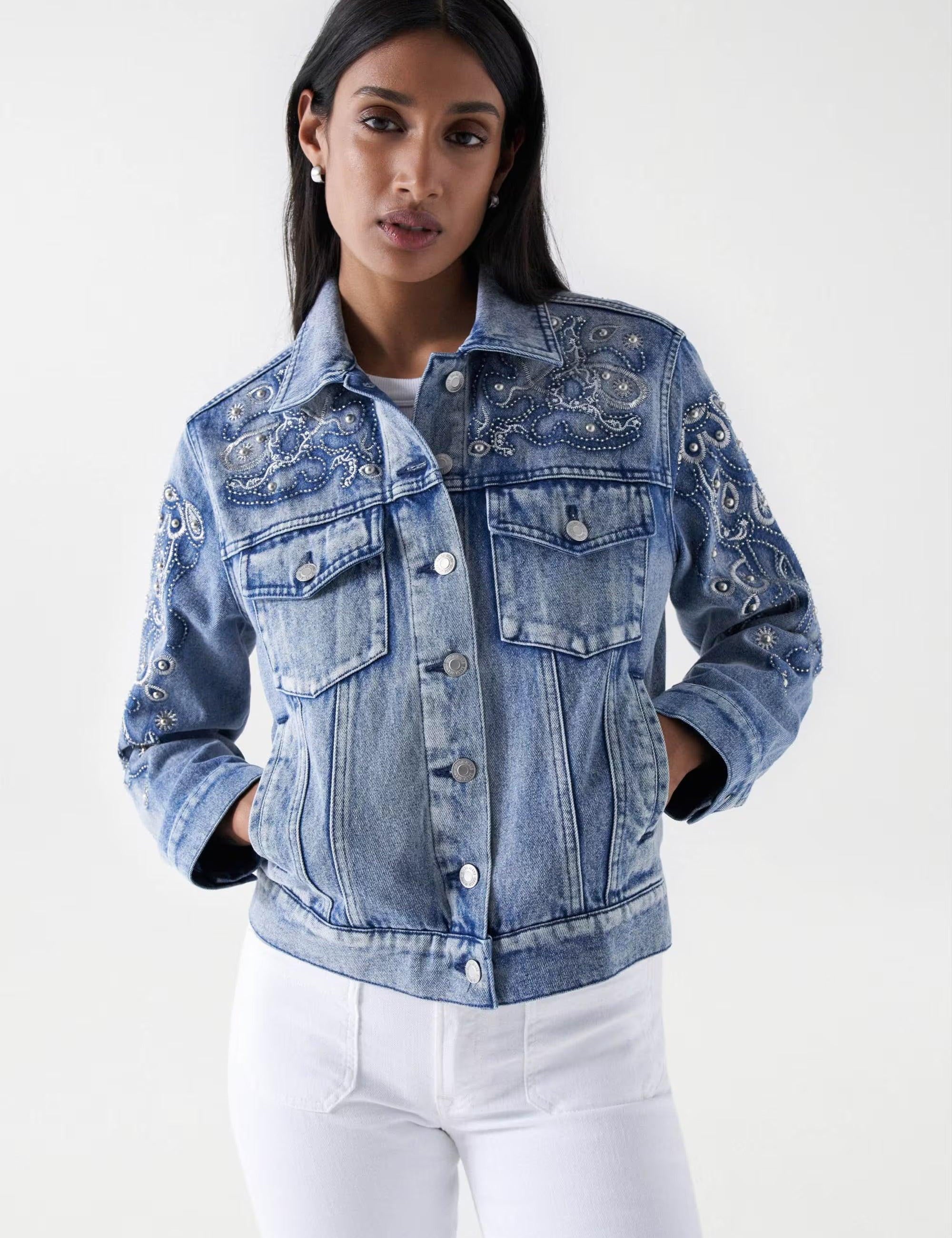 Chaqueta Salsa Jeans Vaquera con Detalles Bordados y Perlas - ECRU