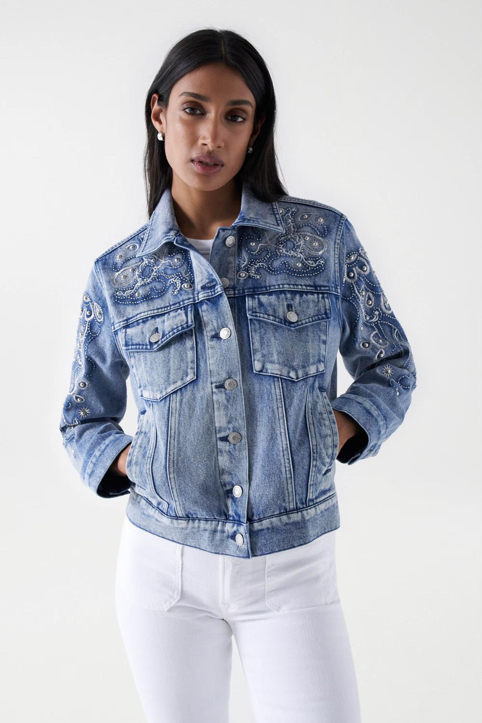 Chaqueta Salsa Jeans Vaquera con Detalles Bordados y Perlas - ECRU