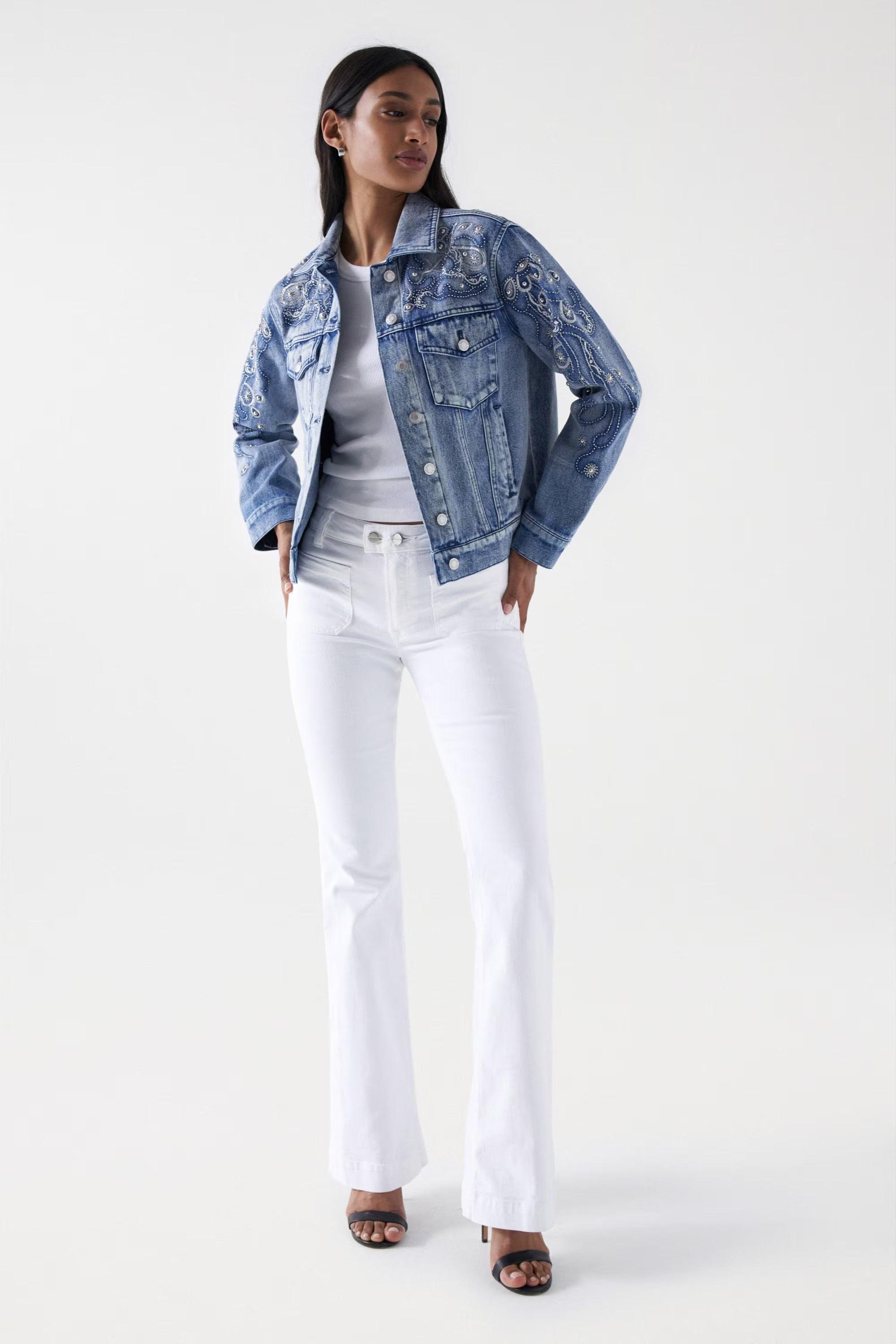 Chaqueta Salsa Jeans Vaquera con Detalles Bordados y Perlas - ECRU