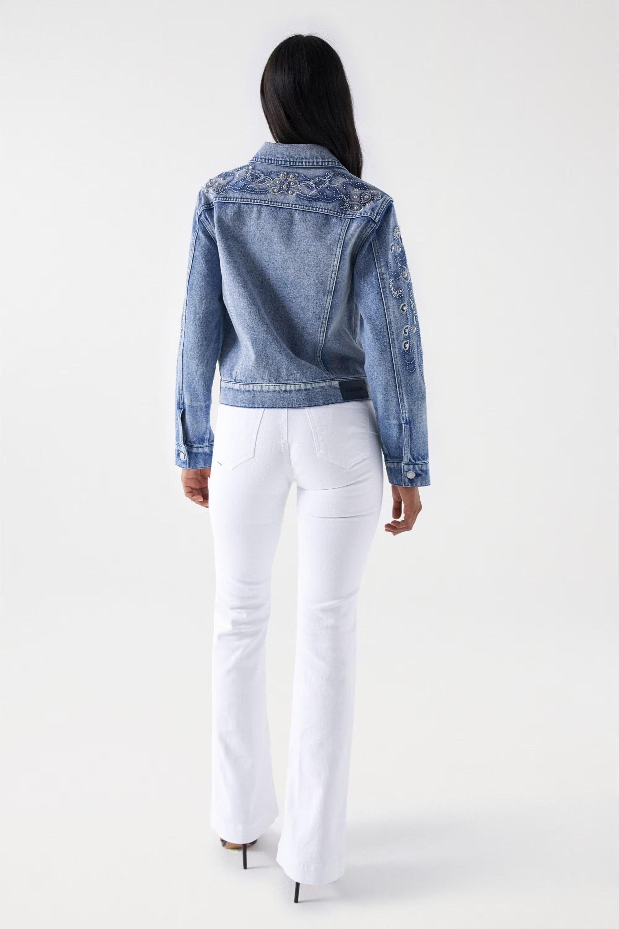 Chaqueta Salsa Jeans Vaquera con Detalles Bordados y Perlas - ECRU