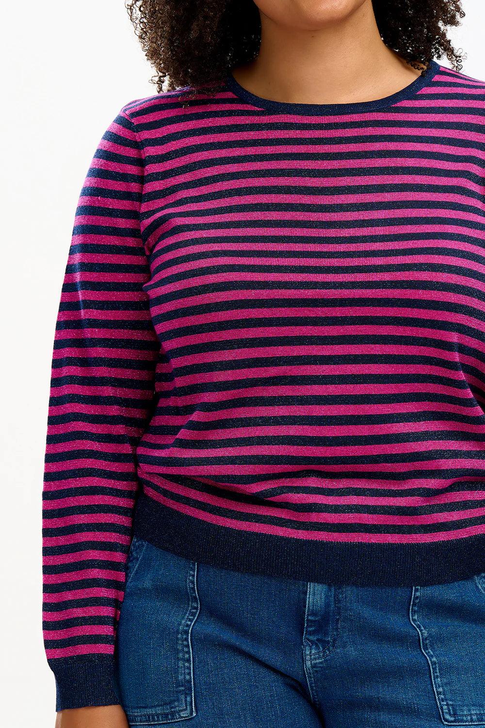 Jersey Sugarhill Rowena Navy Pink Sparkle Stripes - ECRU