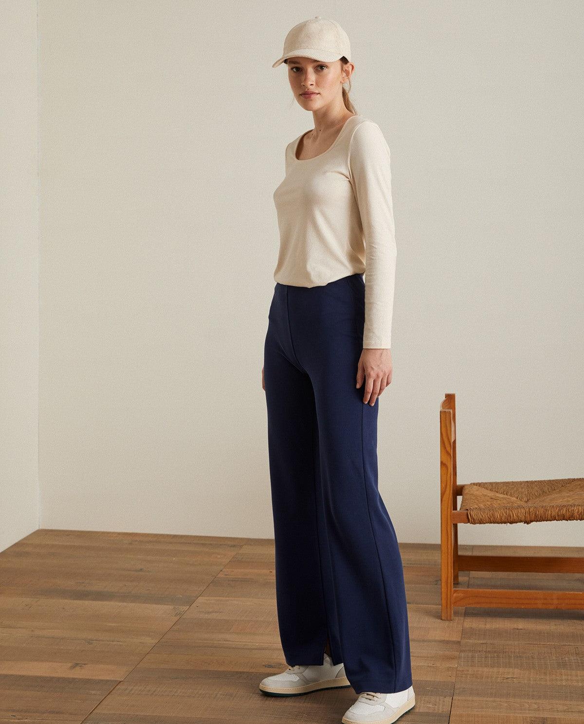 Pantalón Yerse Fluido Wide Leg Navy - ECRU