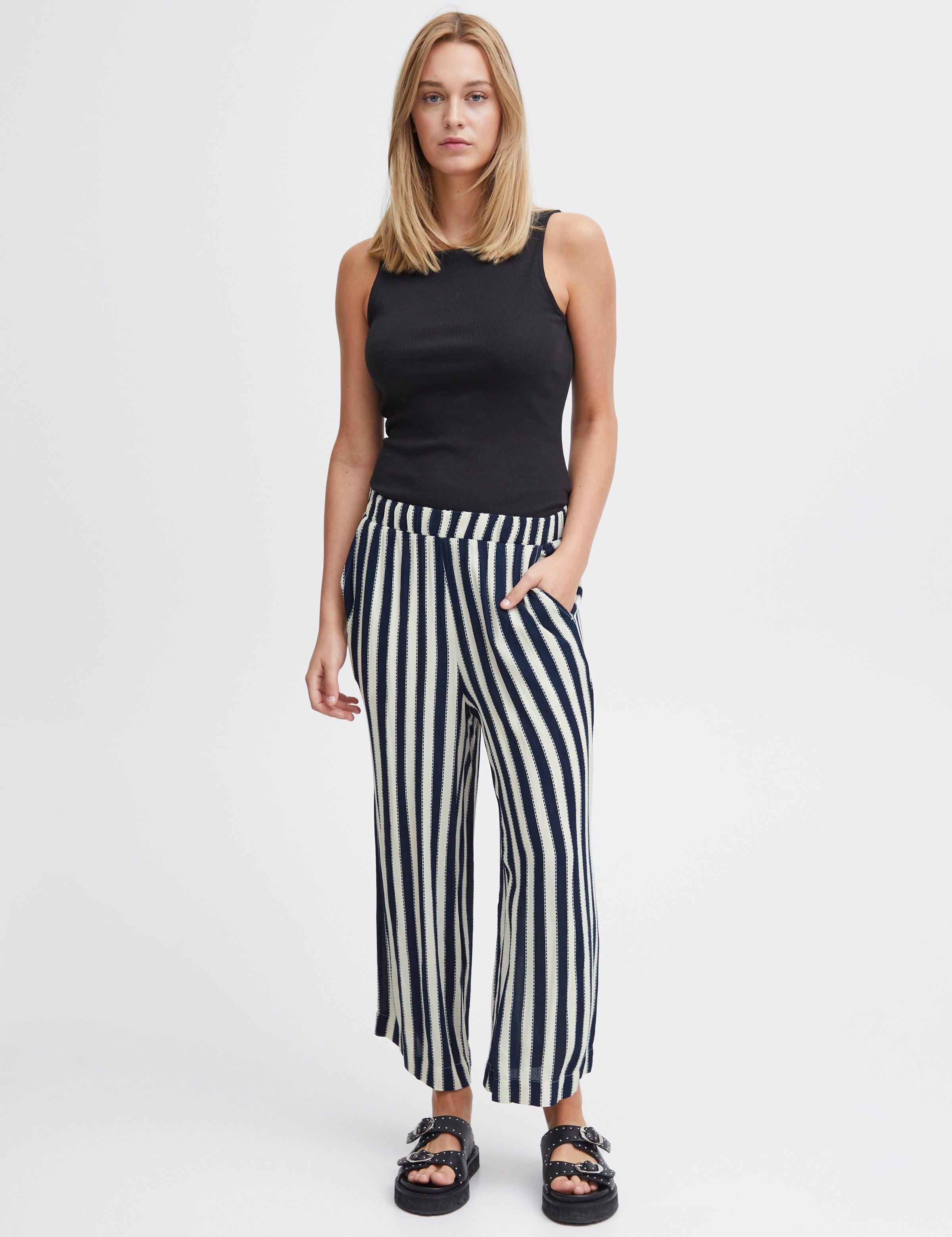 Pantalones ICHI Marrakech Total Eclipse Stripes - ECRU