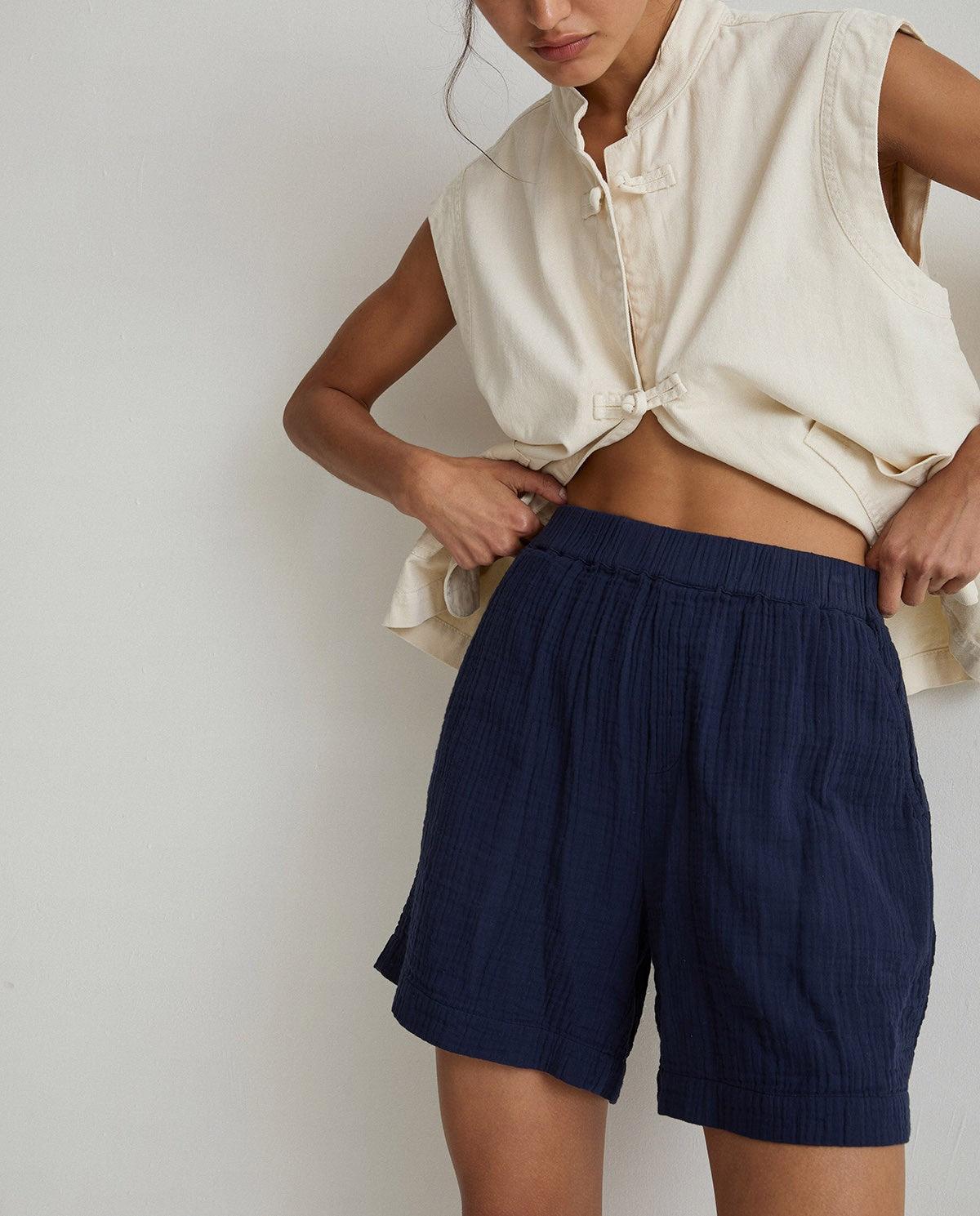 Shorts Yerse Romina Doble Gasa Navy - ECRU