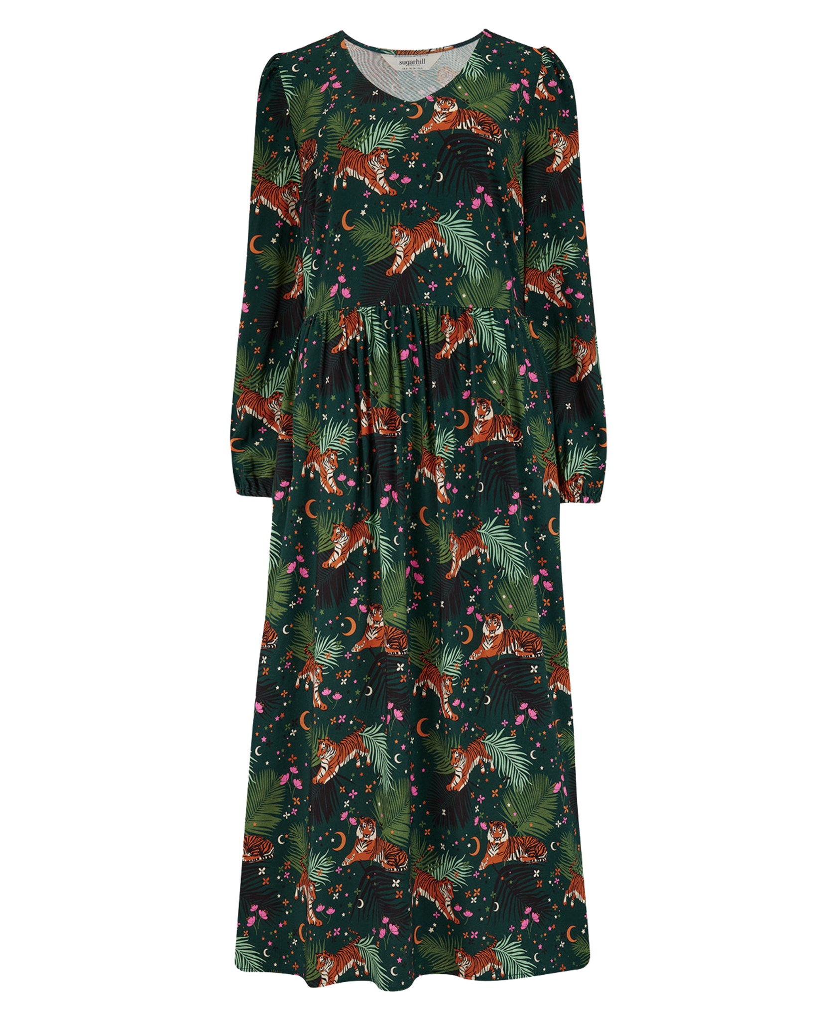 Vestido SUGARHILL Sidney Midi Dark Green, Tigers & Palms